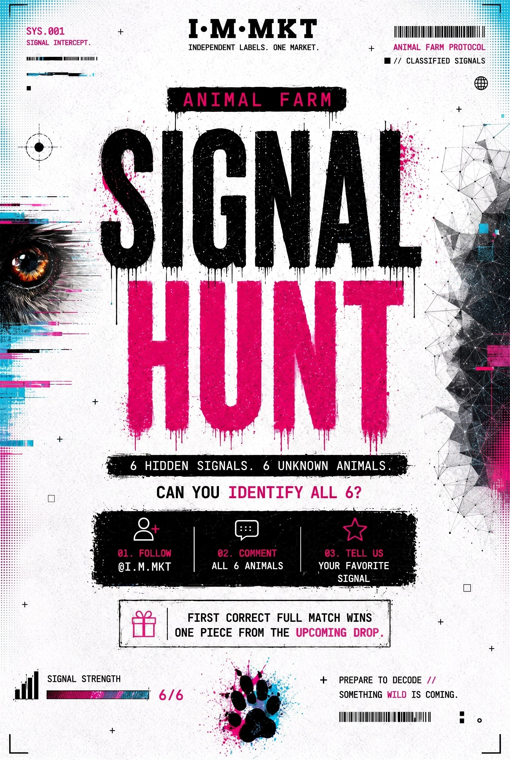 Animal Farm Signal Hunt poster announcing 6 hidden animal signals and a social guessing game.