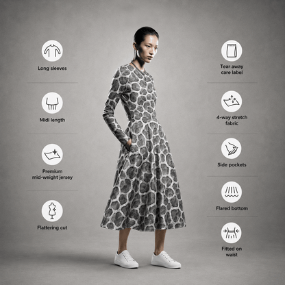 ANSO Cellular Mesh Midi Dress shown on a model with feature icons for long sleeves, midi length, mid-weight jersey, flattering cut, tear-away care label, stretch fabric, side pockets, flared bottom, and fitted waist.