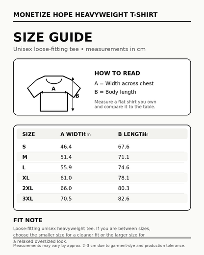 Size guide for Monetize Hope Heavyweight T-shirt with measurements in centimeters.