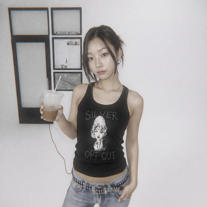 Woman wearing a black tank top with graphic design and text, holding a drink.