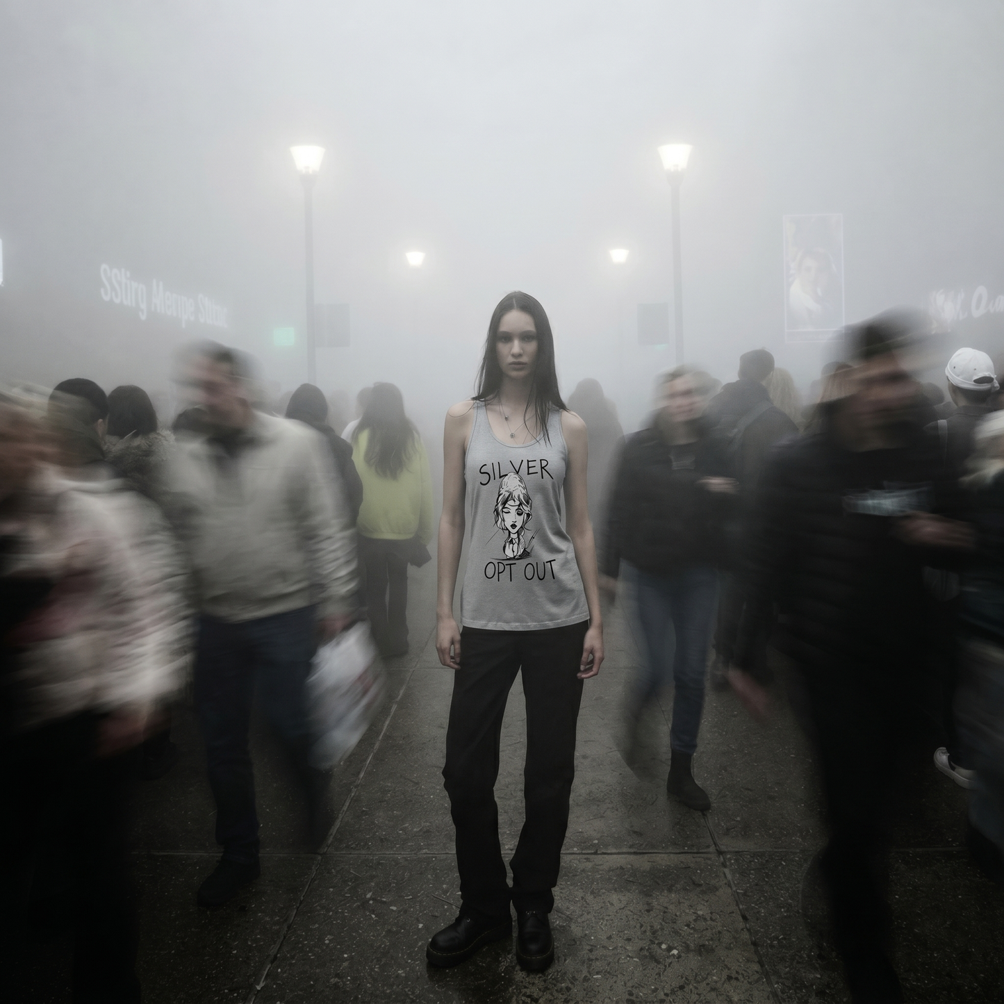 Person wearing a tank top with text standing amidst a crowd in a foggy setting