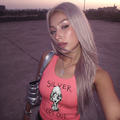 Woman wearing a pink tank top with 'Silver Opt Out' design, standing outdoors.