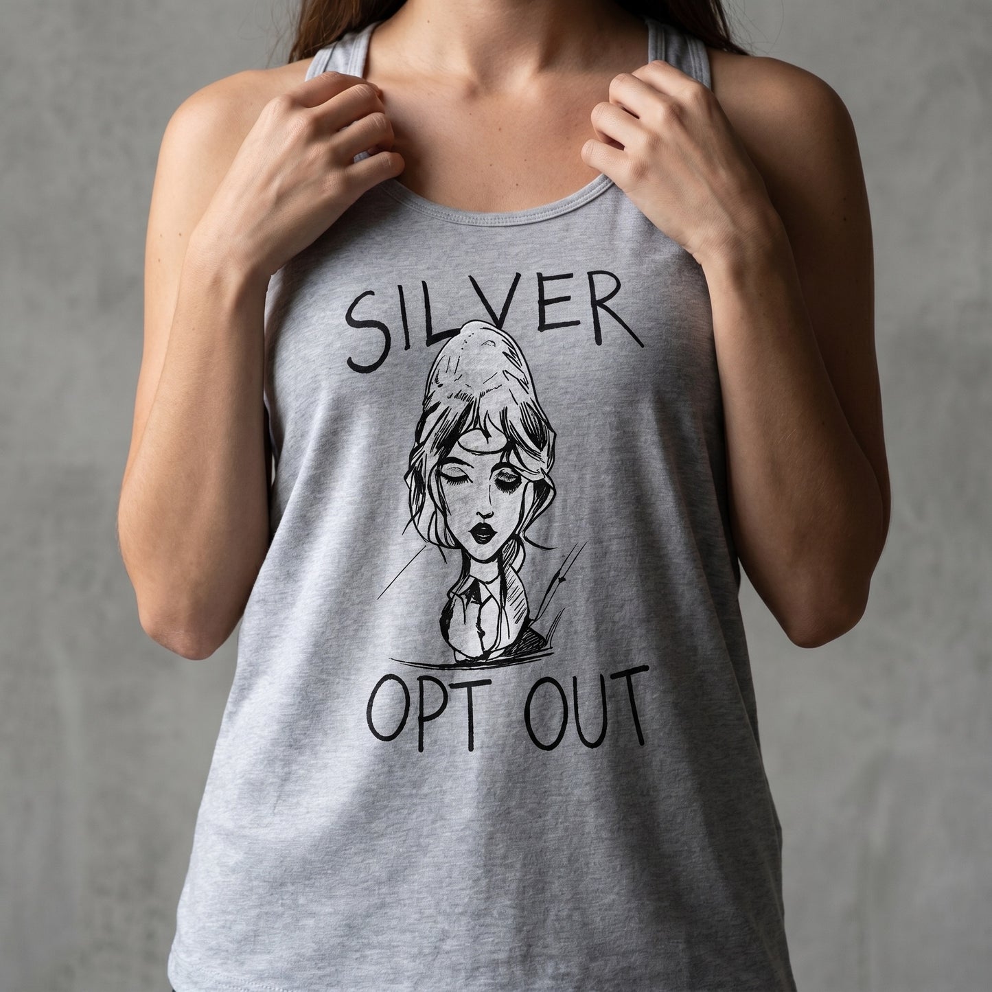 Person wearing a gray tank top with a graphic and text 'SILVER OPT OUT' on a plain background