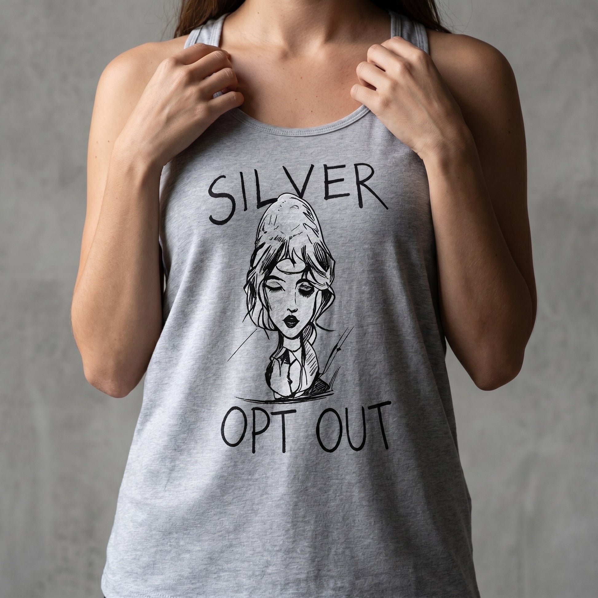 Person wearing a gray tank top with a graphic and text 'SILVER OPT OUT' on a plain background