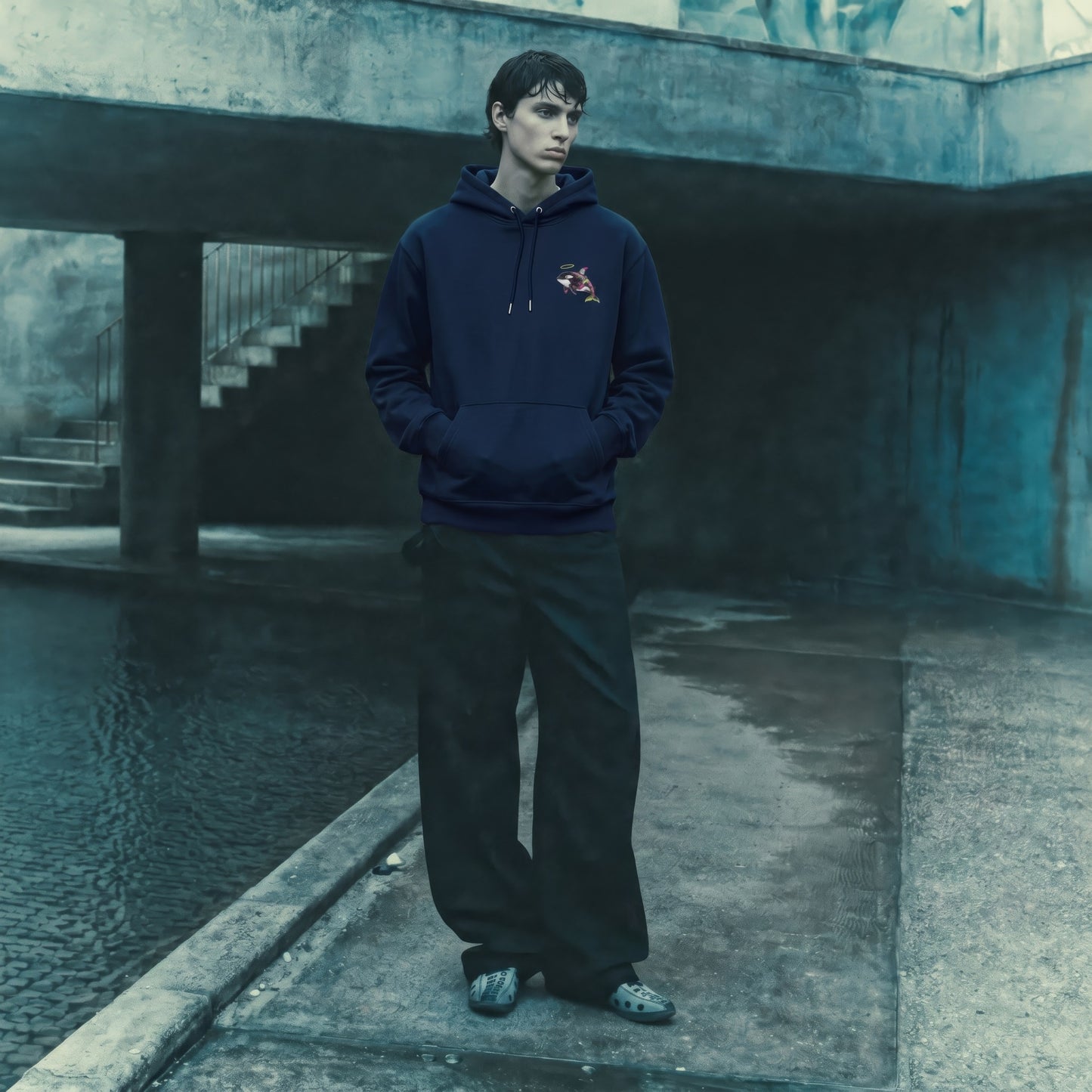 Person wearing a dark hoodie and pants standing by a pool with a building in the background