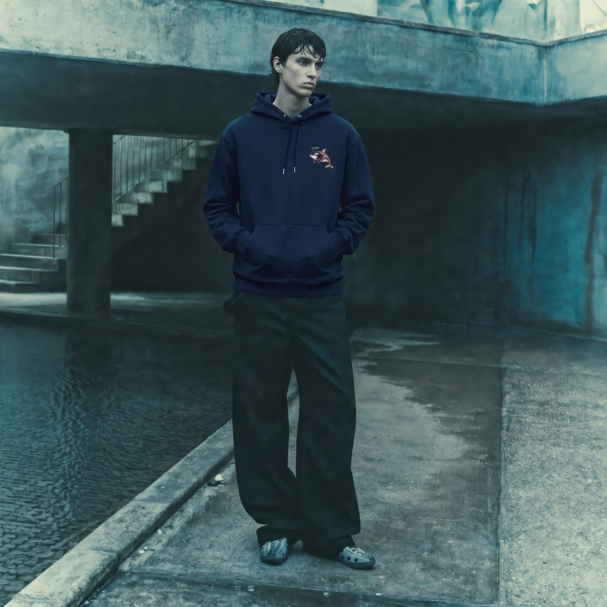 Person wearing a dark hoodie and pants standing by a pool with a building in the background