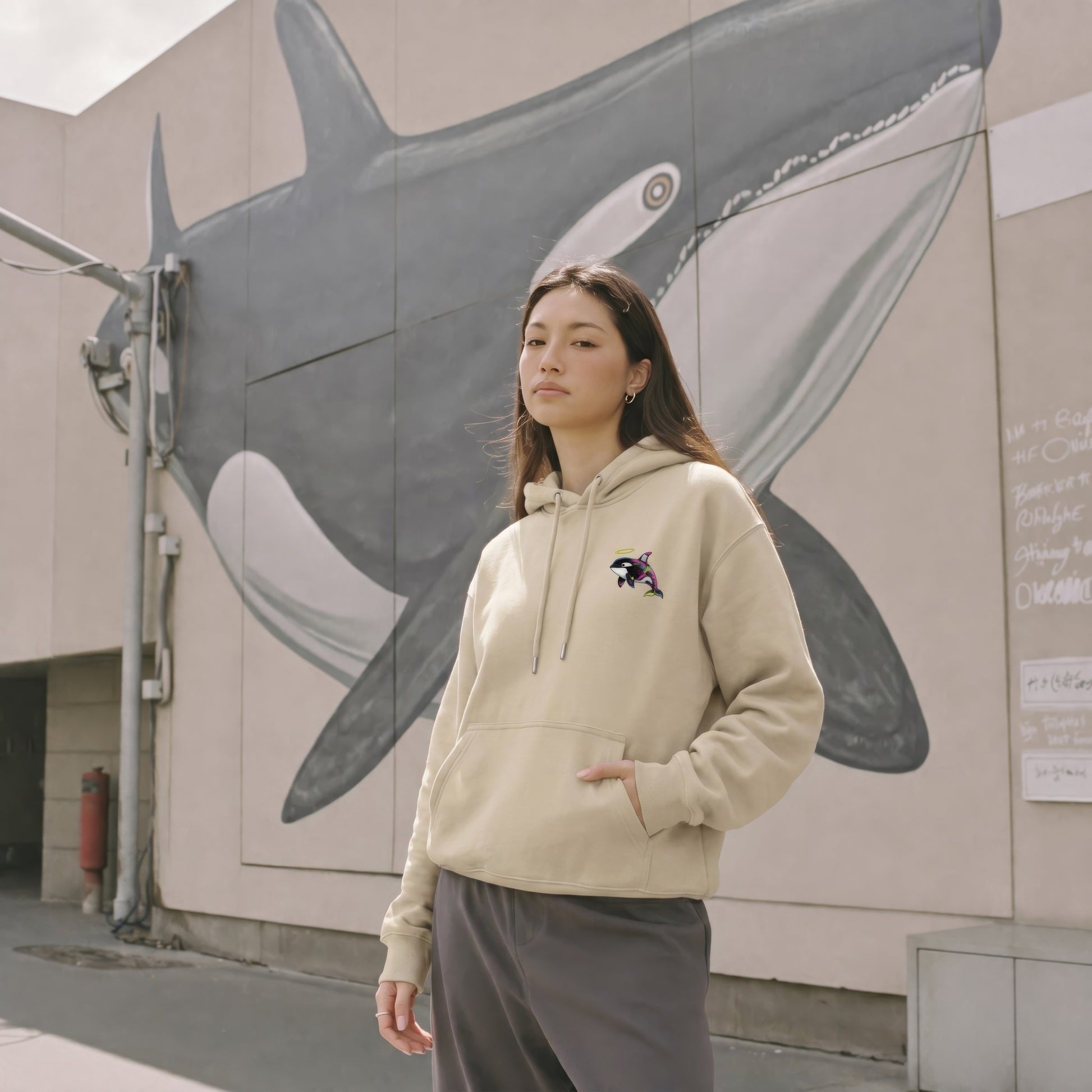Woman wearing a beige hoodie with a small logo, standing in front of a large whale mural on a building.