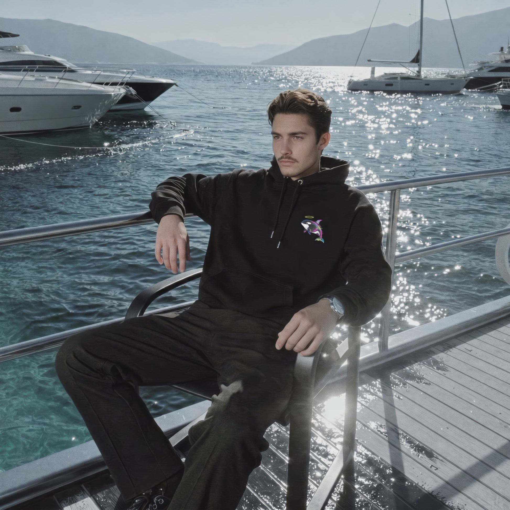 Man sitting on a boat deck with yachts and mountains in the background