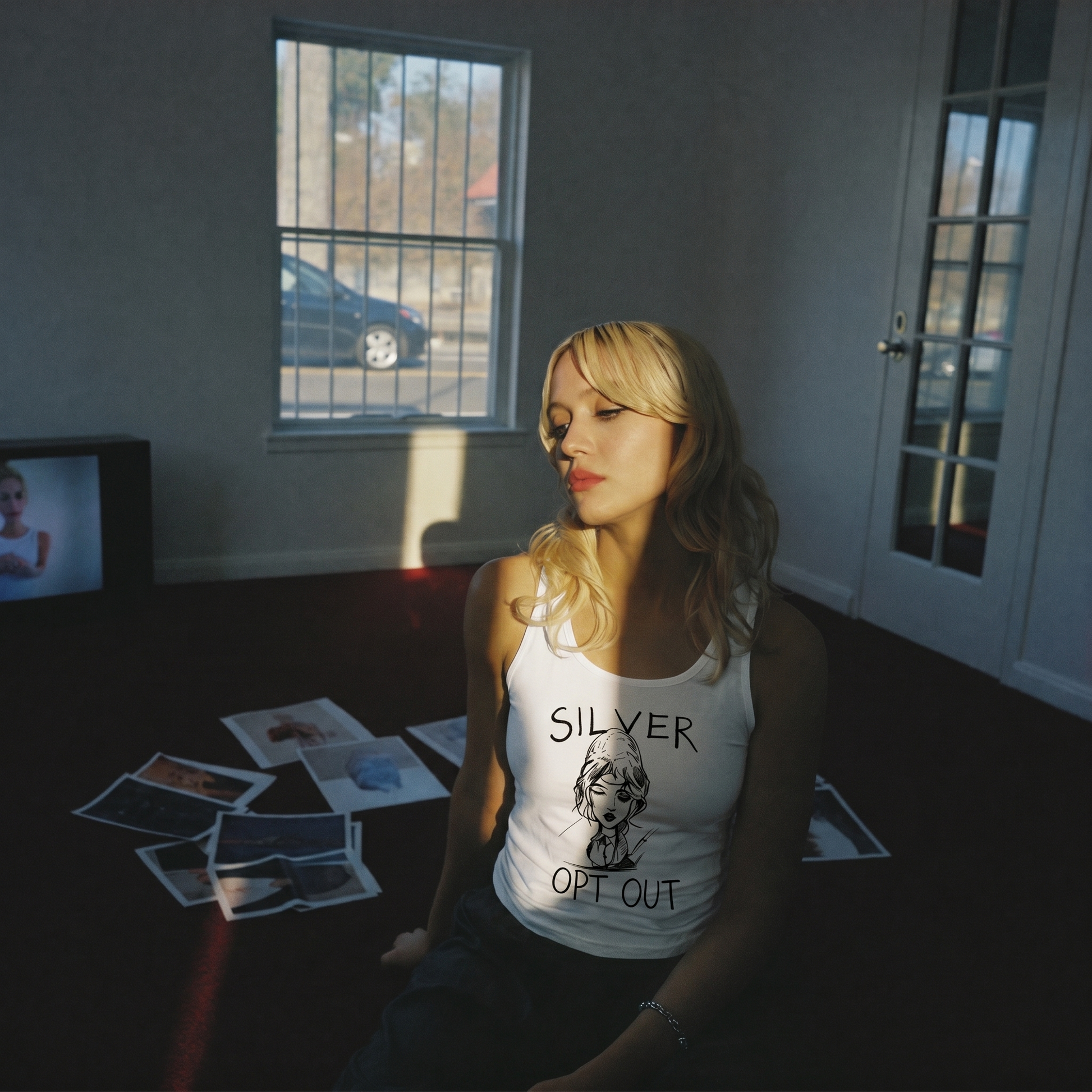 Woman sitting on the floor with scattered photos in a room with a car visible through a window.