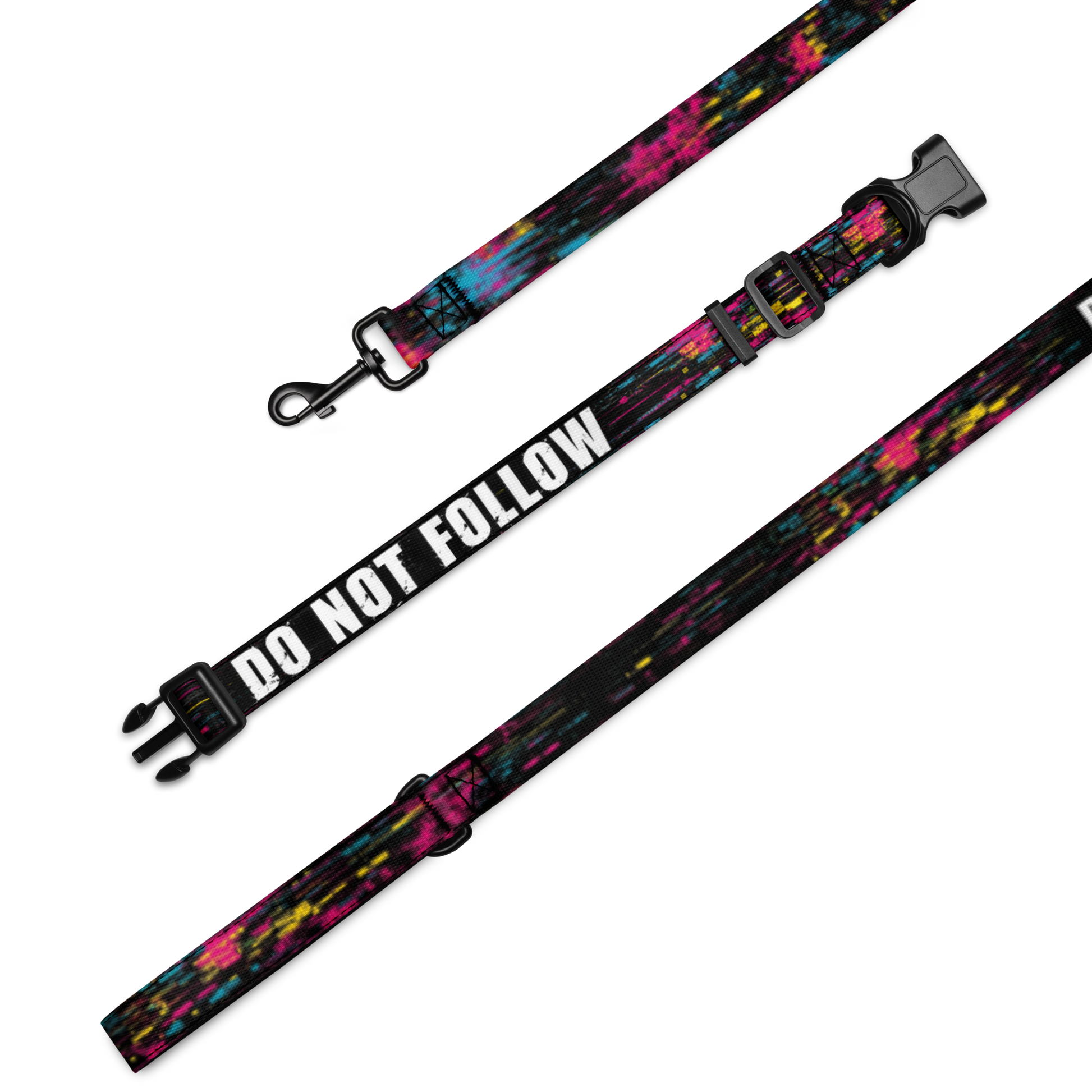 Colorful dog leash with 'Do Not Follow' text on a white background