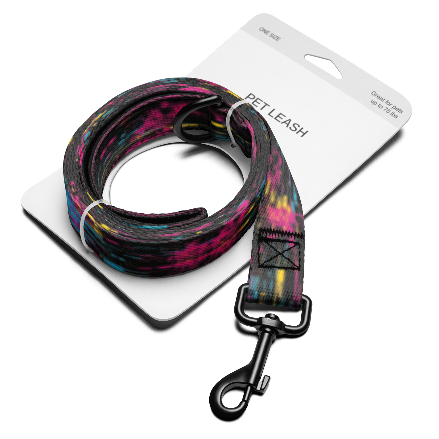 Colorful dog leash with black clip on a white background