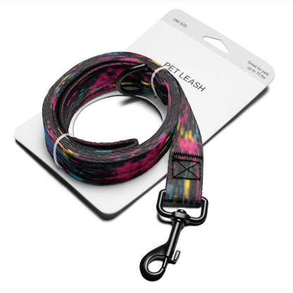 Colorful dog leash with black clip on a white background