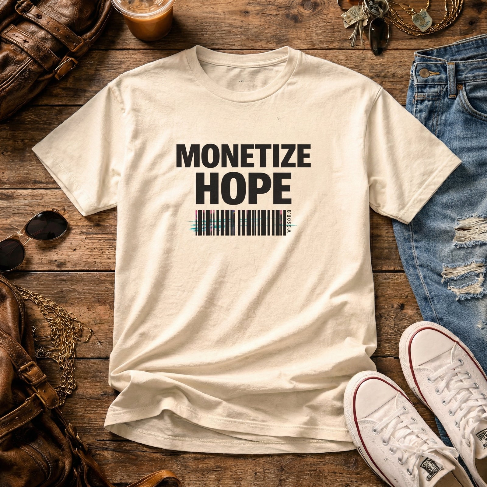 White t-shirt with 'MONETIZE HOPE' text on a wooden surface with shoes and jeans.