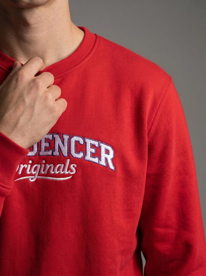 Red sweatshirt with 'DENCER originals' text on a gray background