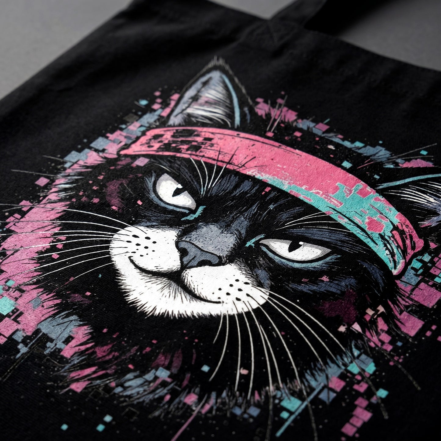 Black t-shirt with a graphic of a cat wearing a pink and teal hat on a dark background