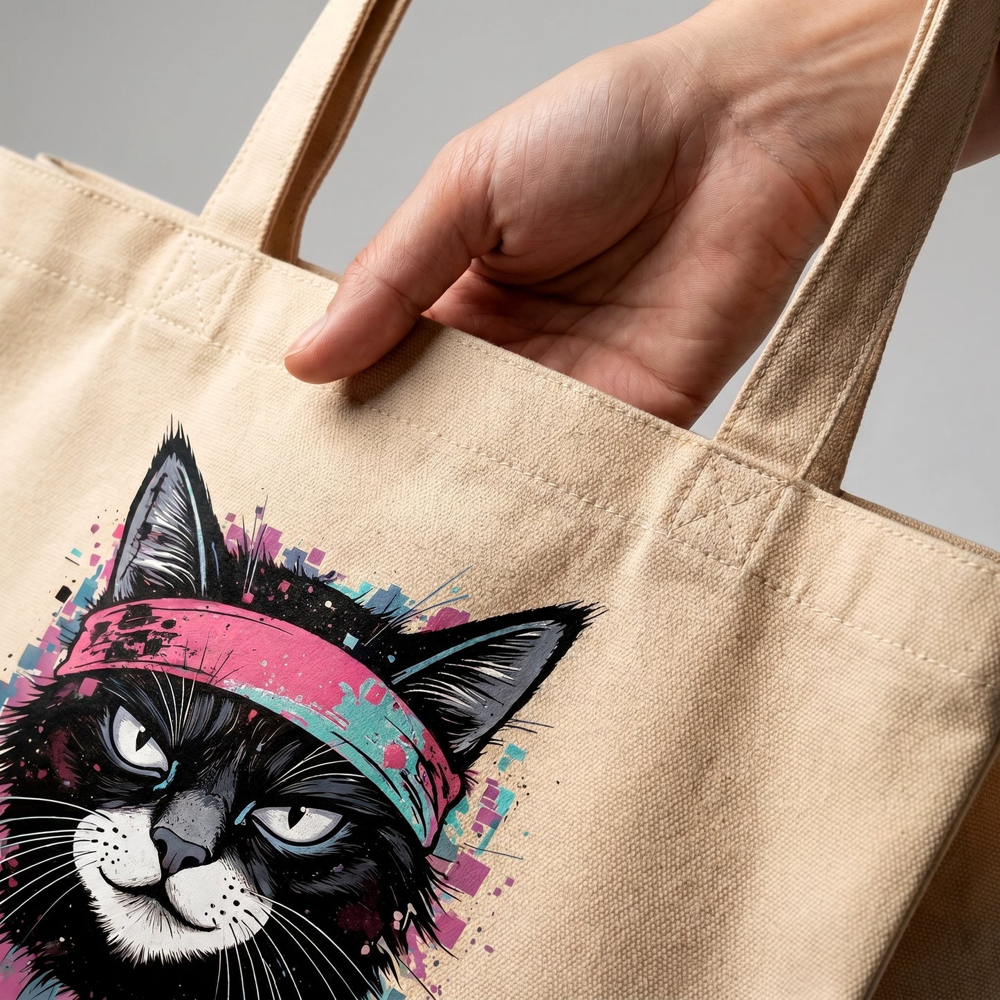 Beige tote bag with a colorful cat design held by a hand against a gray background