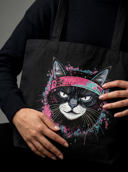 Black tote bag with a colorful cat design held by a person