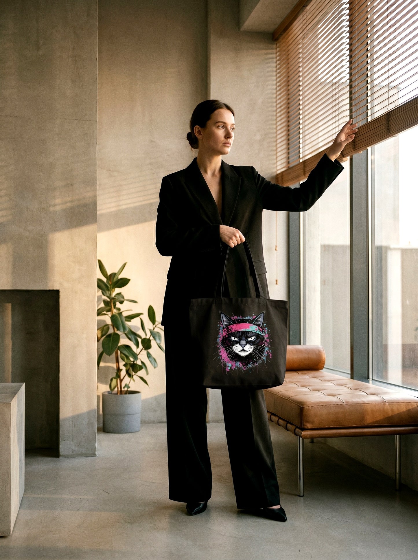 Woman holding a tote bag with a cat design in a modern interior setting