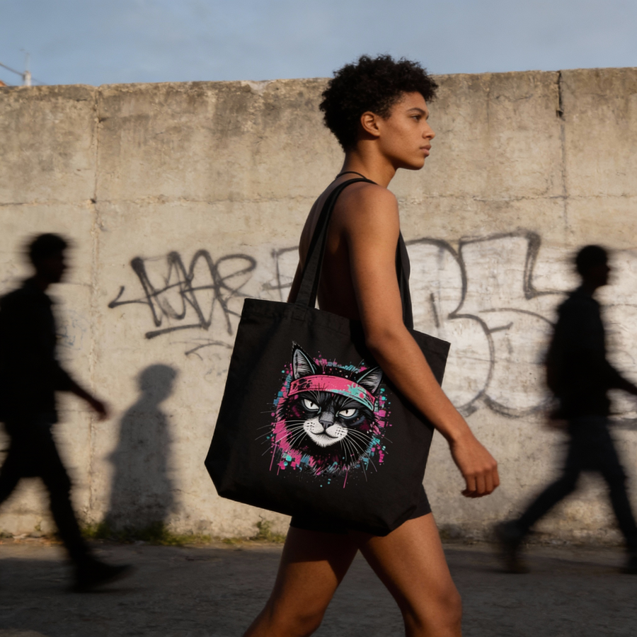Woman walking with a black tote bag featuring a cat design against a graffiti-covered wall.