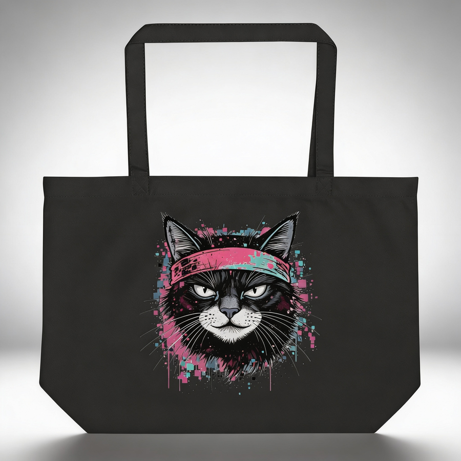 Black organic cotton tote bag with colorful glitch cat graphic on the front, front view on a light studio background.