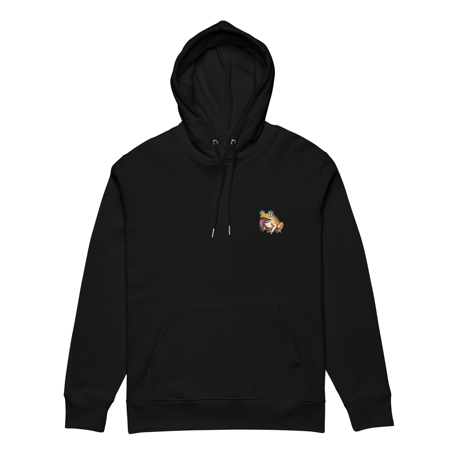 Black hoodie with a small colorful logo on the chest against a white background