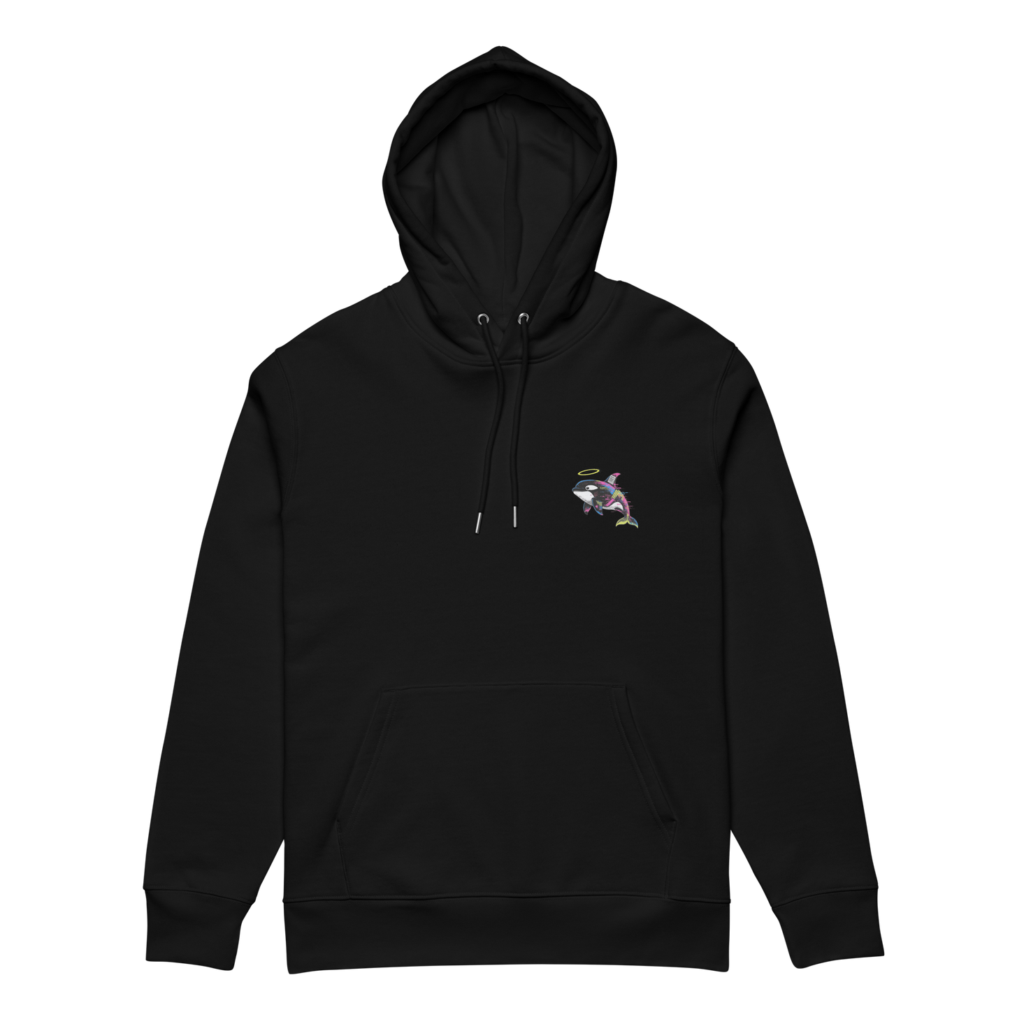 Black hoodie with a small graphic on the chest against a white background