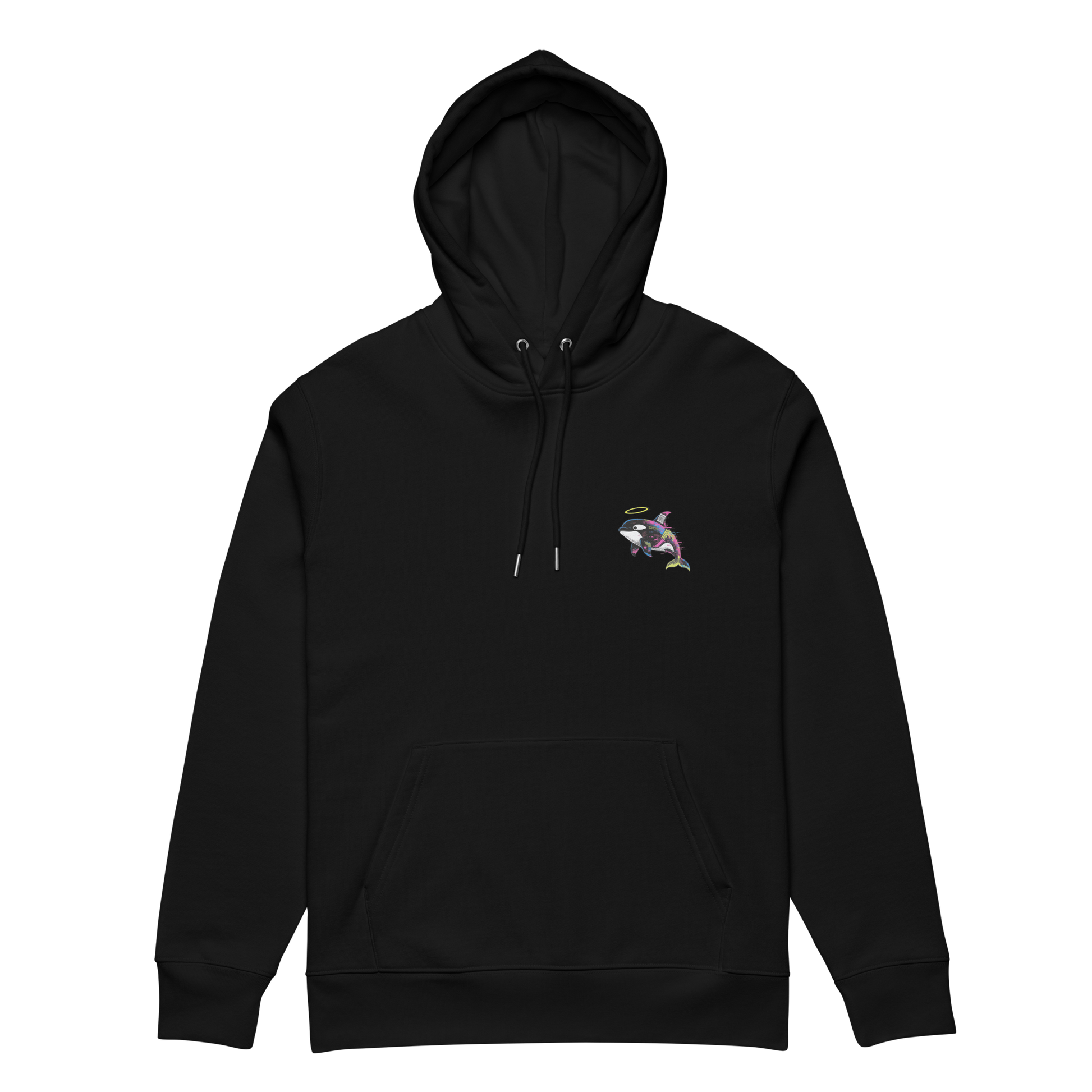 Black hoodie with a small graphic on the chest against a white background