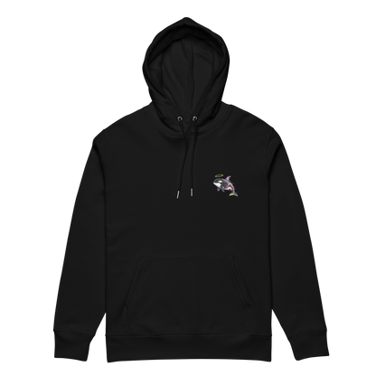 Black hoodie with a small graphic on the chest against a white background