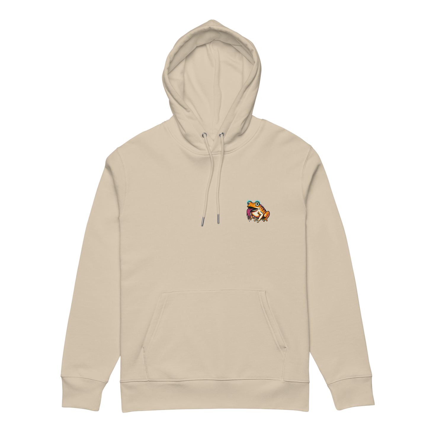 Beige hoodie with a small colorful logo on the chest against a white background