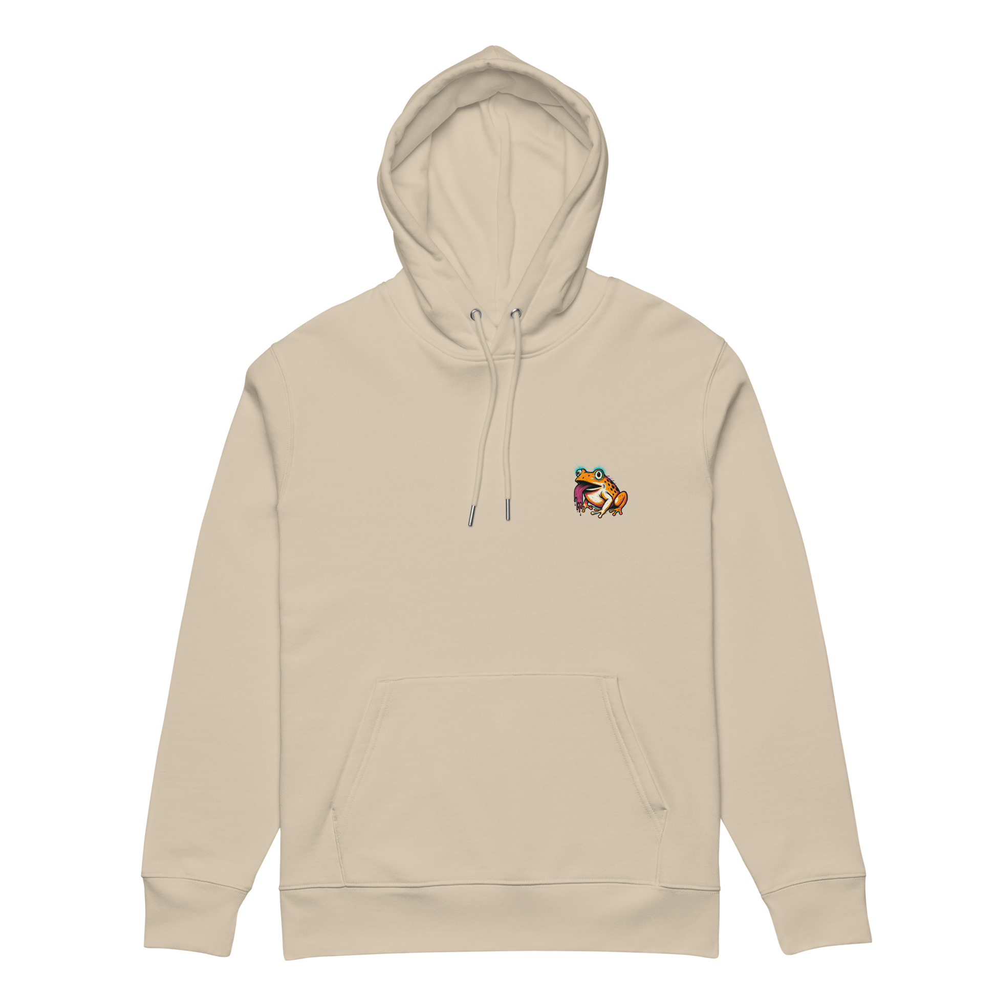 Beige hoodie with a small colorful logo on the chest against a white background