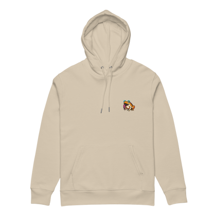 Beige hoodie with a small colorful logo on the chest against a white background