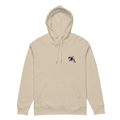 Beige hoodie with a small graphic on the chest against a white background