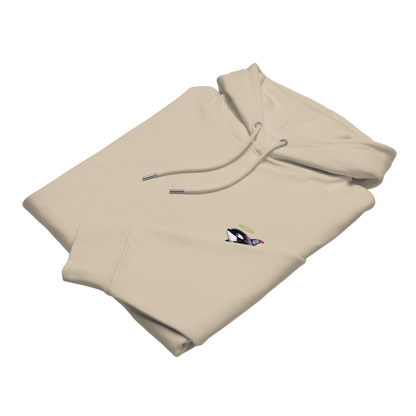 Beige hoodie with a logo on a white background