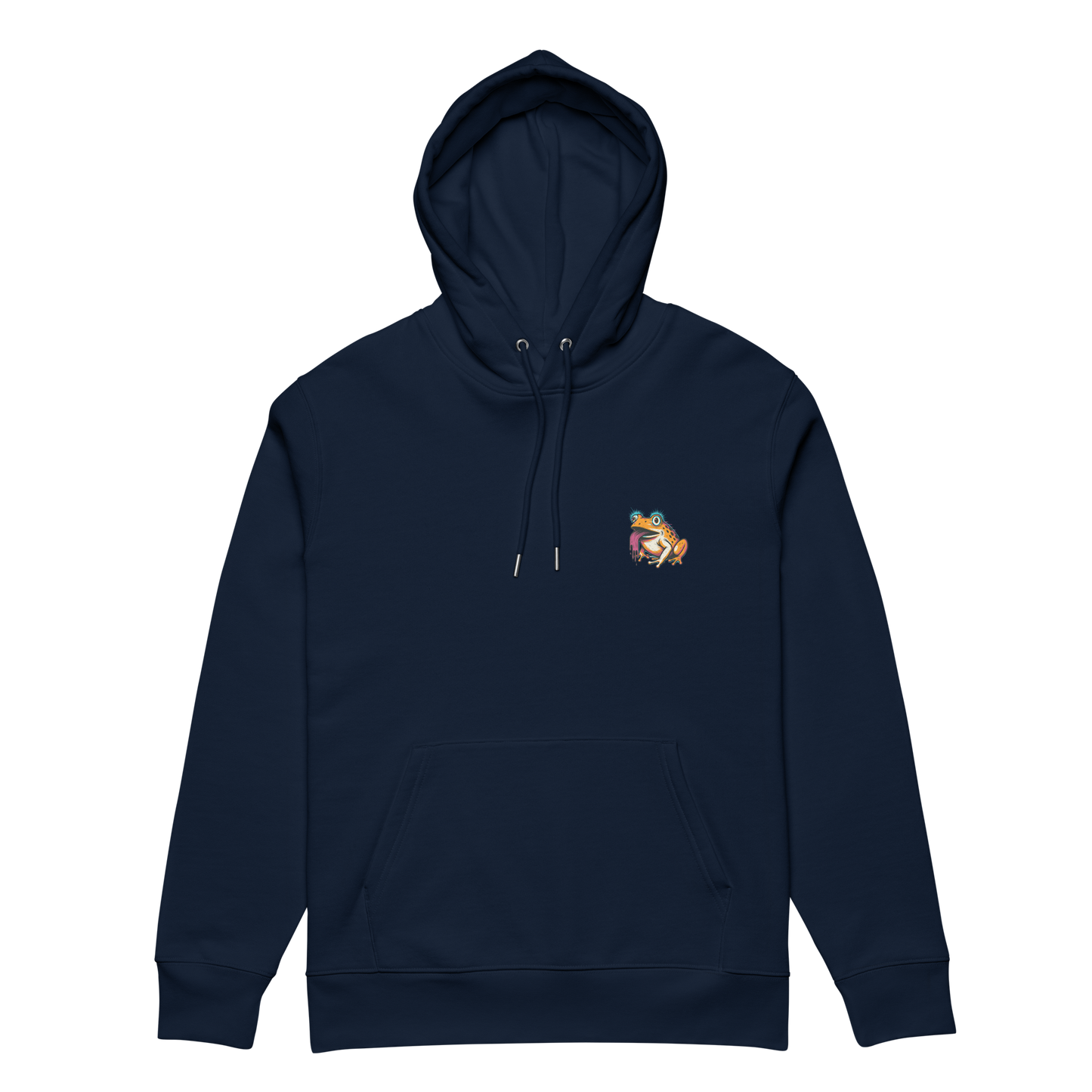 Navy blue hoodie with a small colorful logo on the chest against a white background