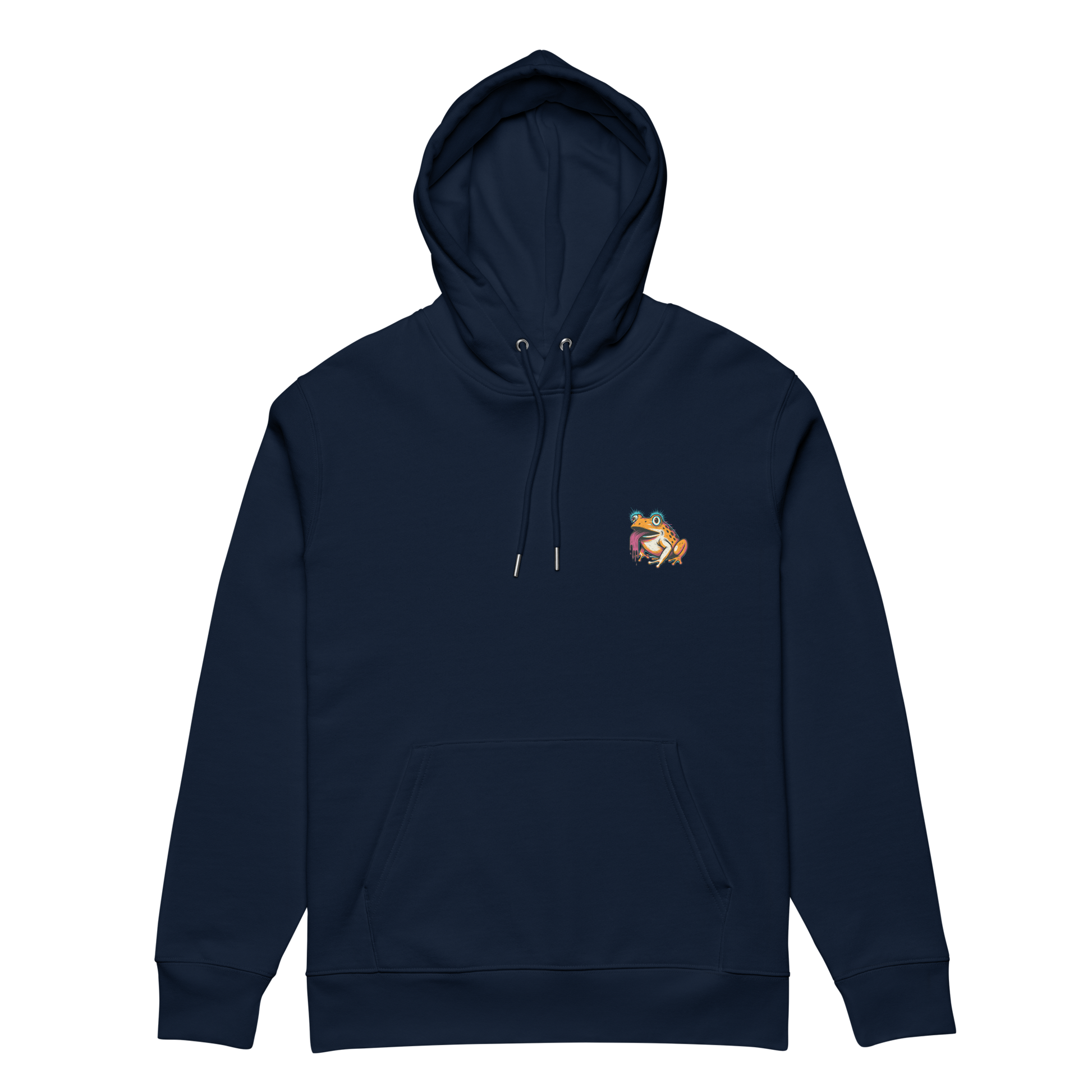 Navy blue hoodie with a small colorful logo on the chest against a white background