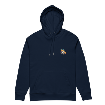 Navy blue hoodie with a small colorful logo on the chest against a white background