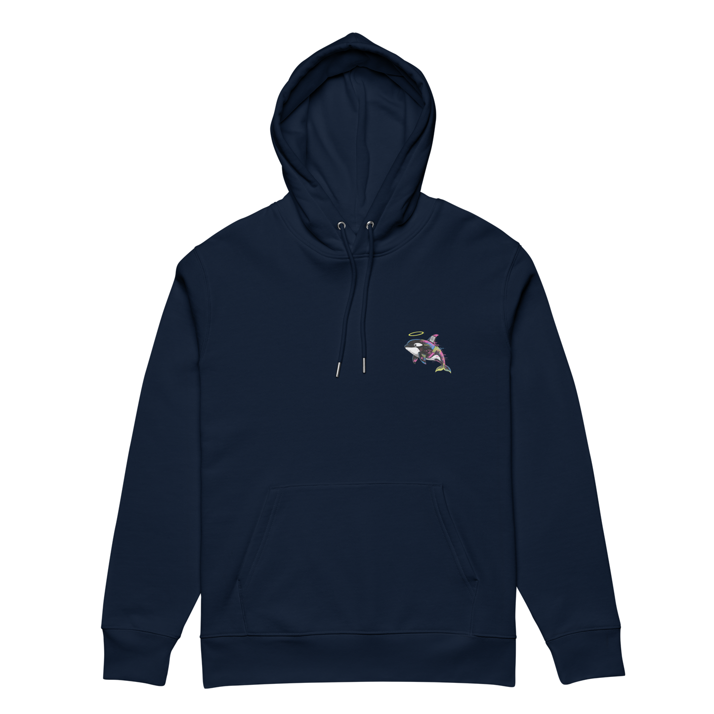 Navy blue hoodie with a small graphic on the chest against a white background