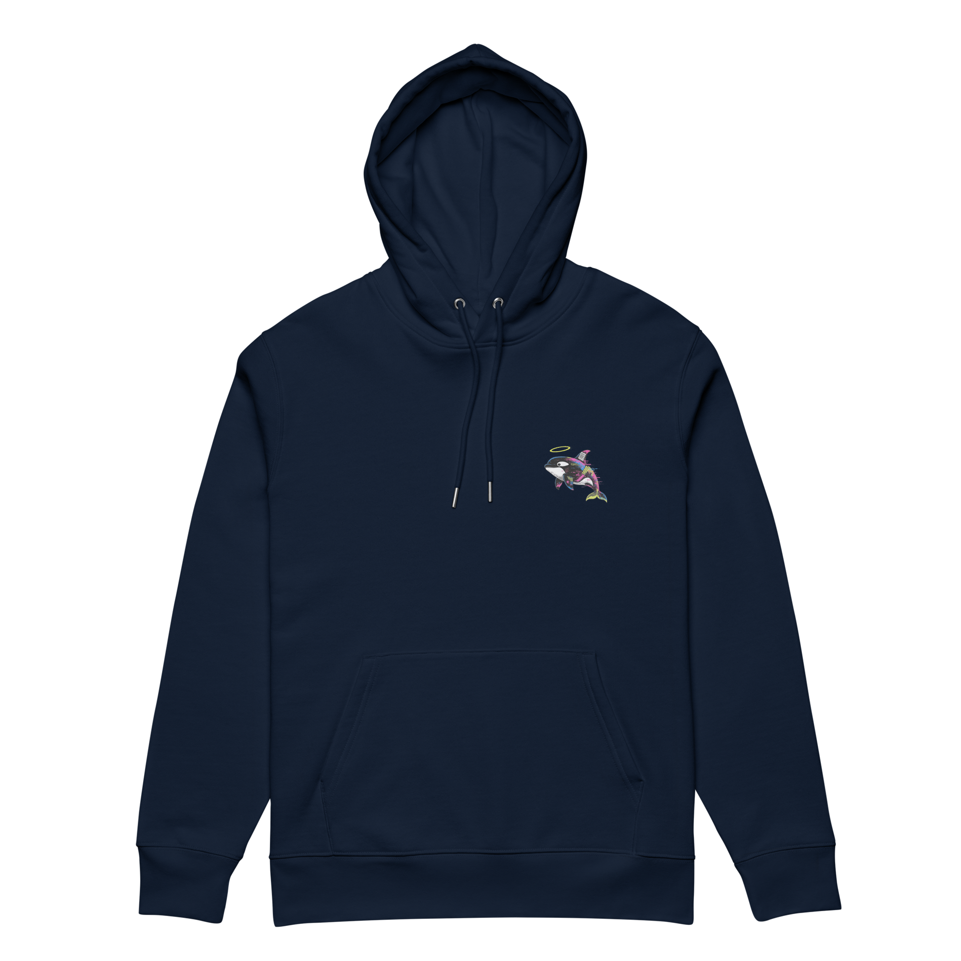 Navy blue hoodie with a small graphic on the chest against a white background