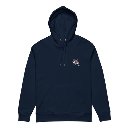Navy blue hoodie with a small graphic on the chest against a white background