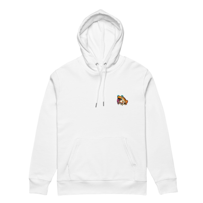 White hoodie with a colorful graphic on the chest against a white background