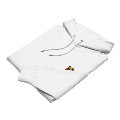 Beige hoodie with a logo on a white background