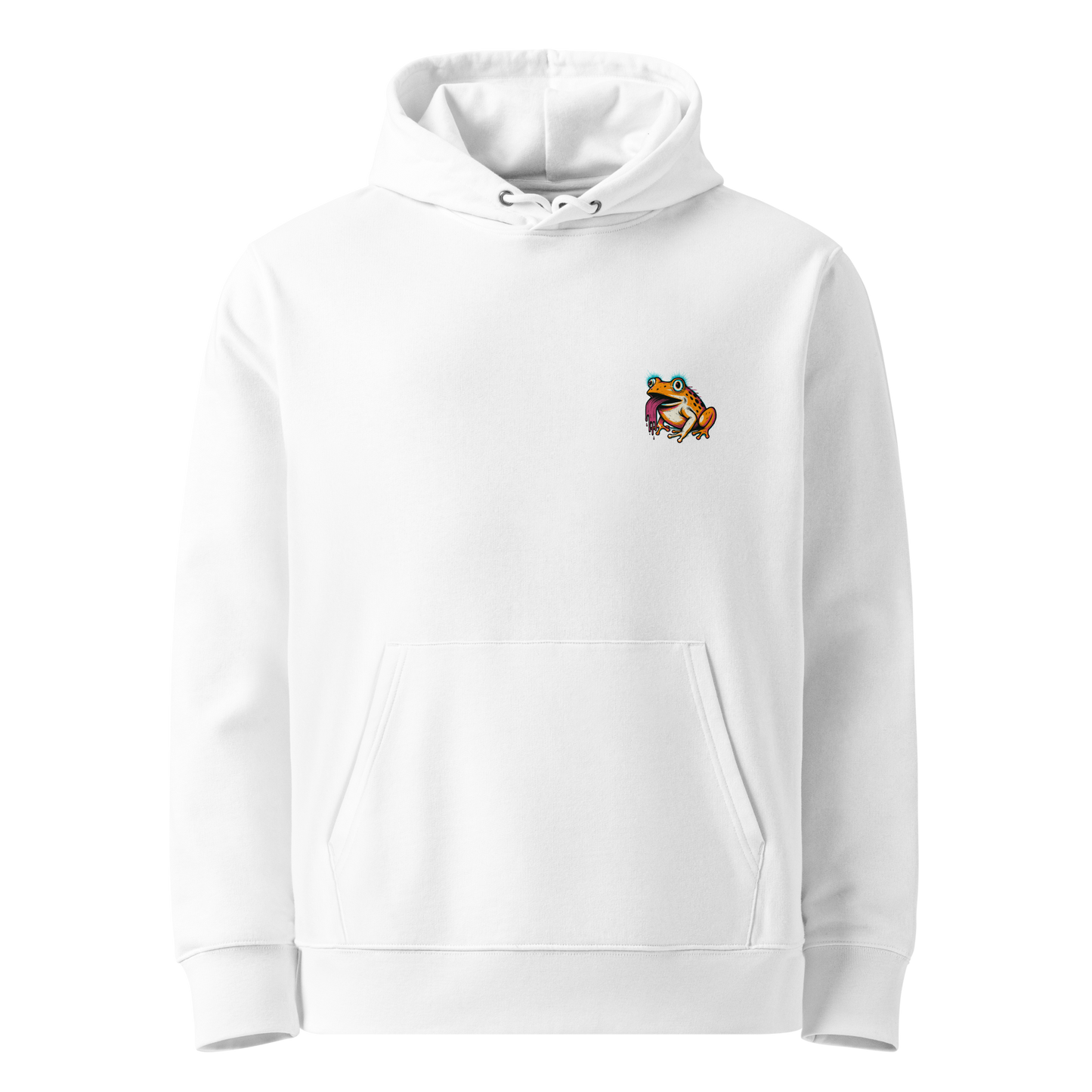 White hoodie with a colorful graphic on the chest against a white background