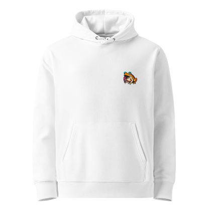 White hoodie with a colorful graphic on the chest against a white background