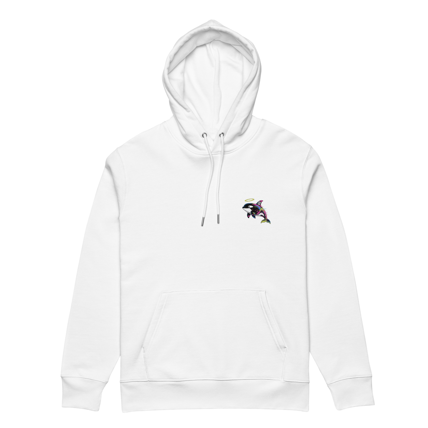 White hoodie with a small graphic on the chest against a white background