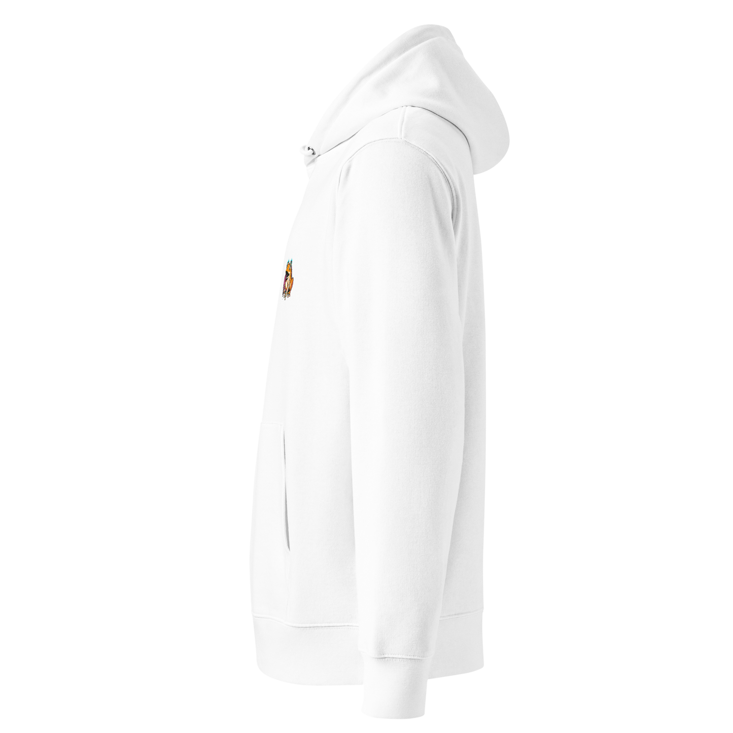 White hoodie with red text and black logo on a white background