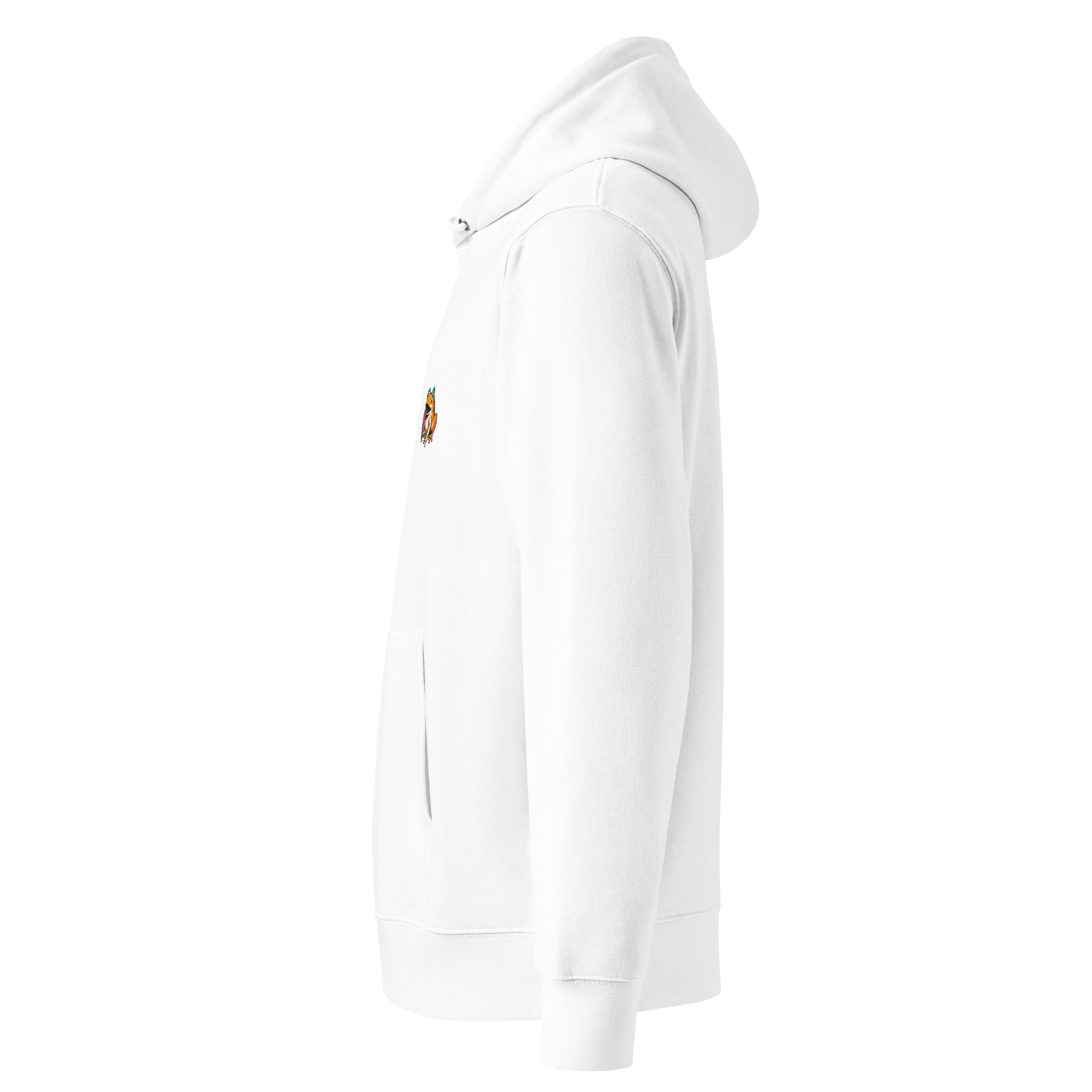 White hoodie with red text and black logo on a white background