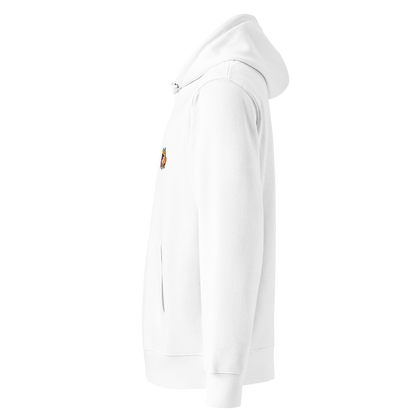 White hoodie with red text and black logo on a white background