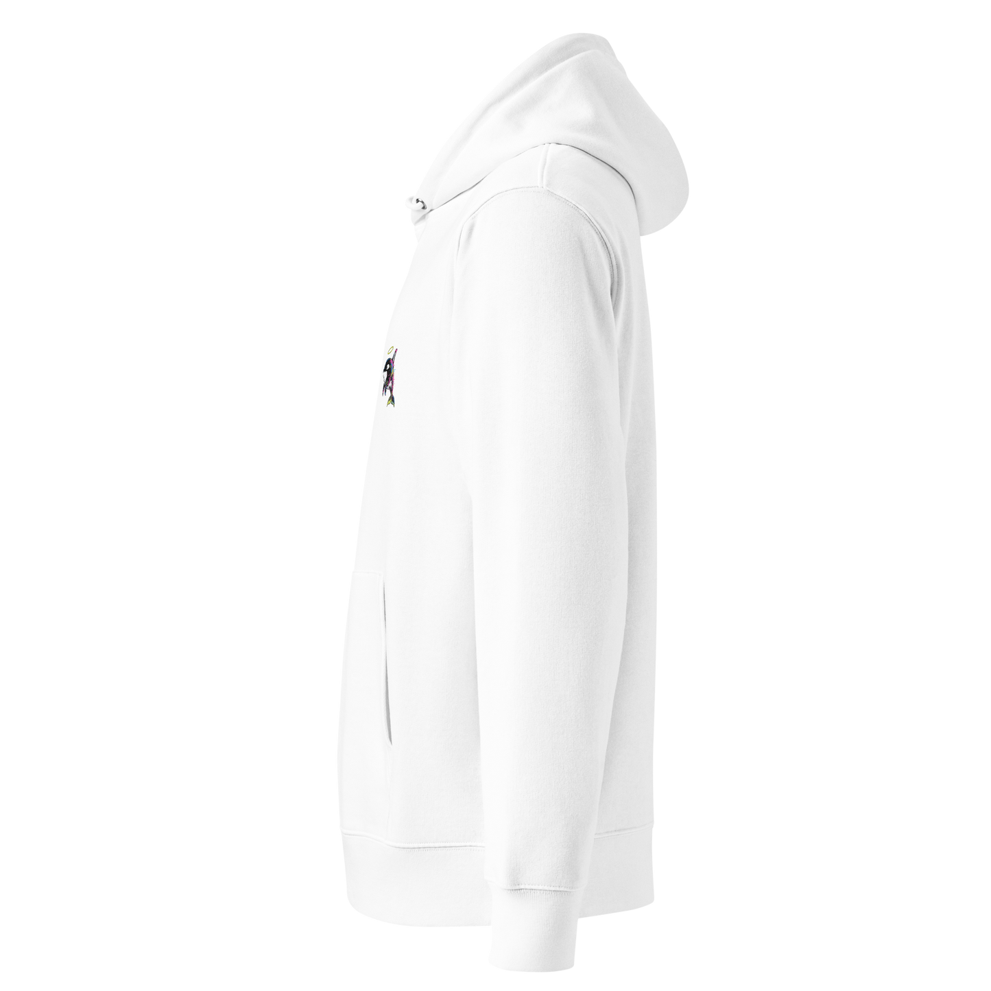 White hoodie with red text and black logo on a white background