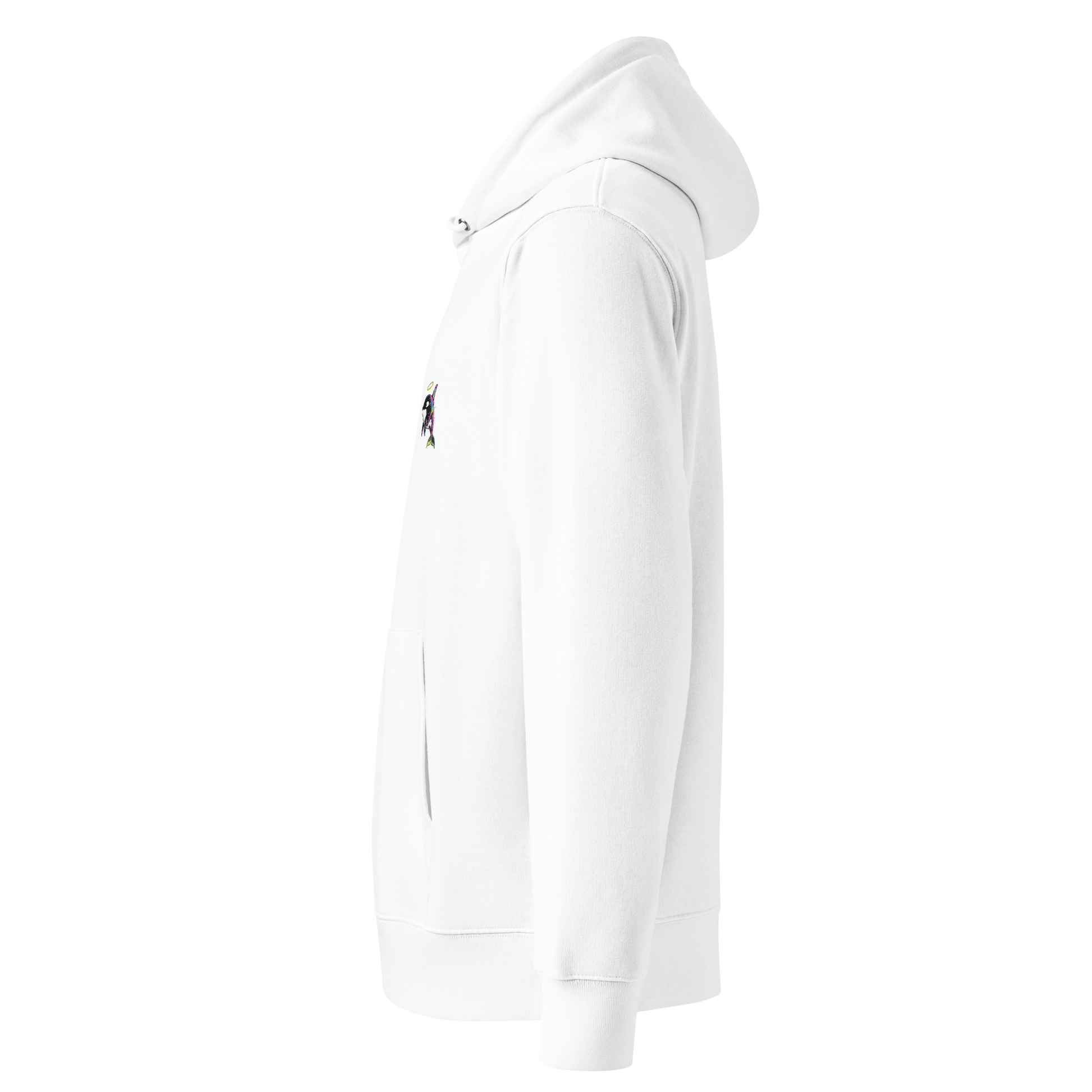 White hoodie with red text and black logo on a white background