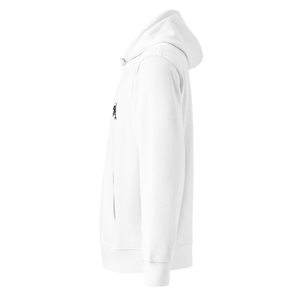White hoodie with red text and black logo on a white background